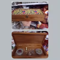 ظروف بسته بندی زعفران - پک چوبی قهوه ای دو خاتم  هاون برنجی و قوری