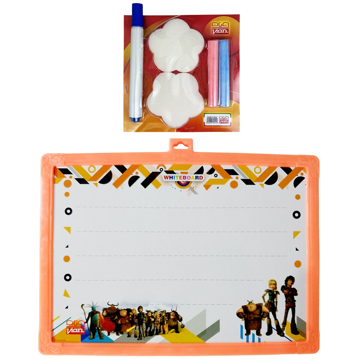 تخته وایت برد ویان مدل EB45-How To Train Your Dragon سایز 34.5 × 24.5 سانتی‌متر به همراه تخته پاکن و ماژیک و گچ