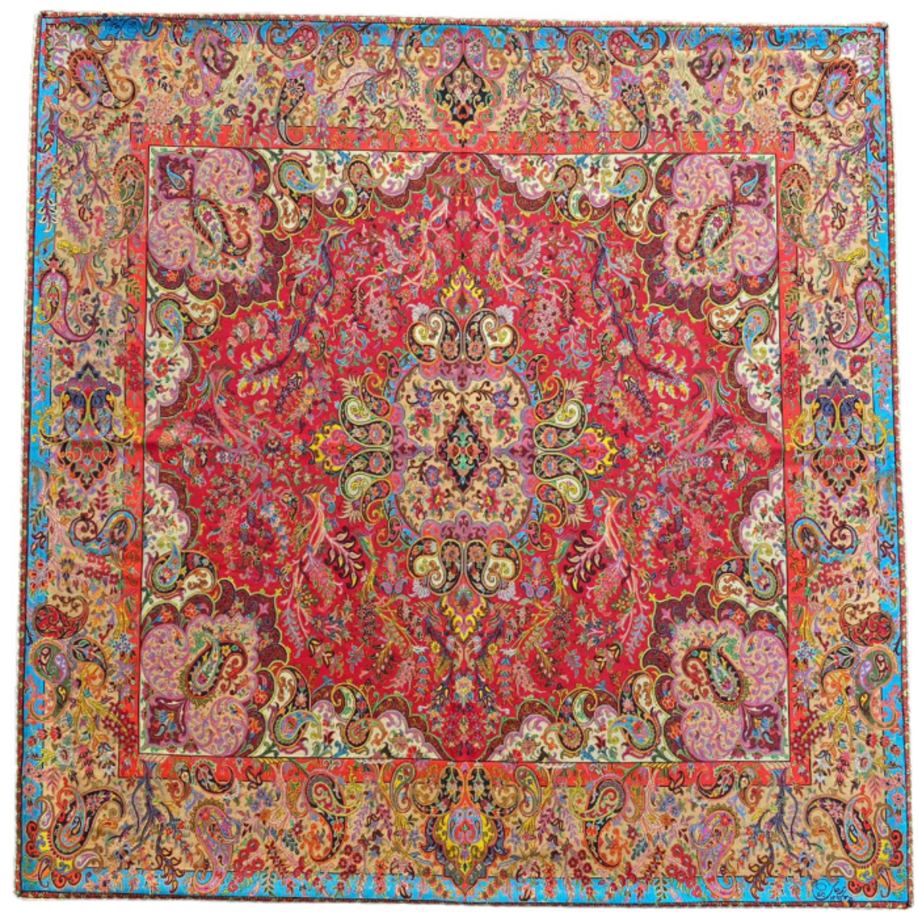 رومیزی مربع ترمه ابریشم کد TRM177 نفیس رنگ قرمز مات آستر زرشکی مغزی دوزی 