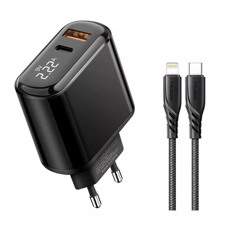 شارژر دیواری فست شارژ Mcdodo LCH-717 2Port 3A QC3.0 PD3.0 20W   کابل تبدیل آیفونی