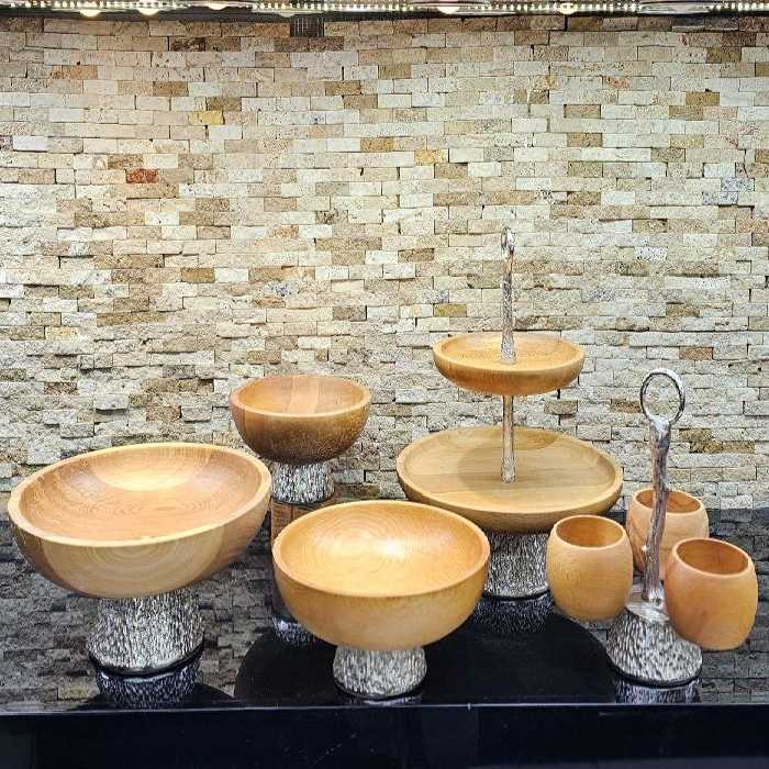 سرویس پذیرایی چوبی پایه آلمینیومی نقره ای مدل تنه درختی