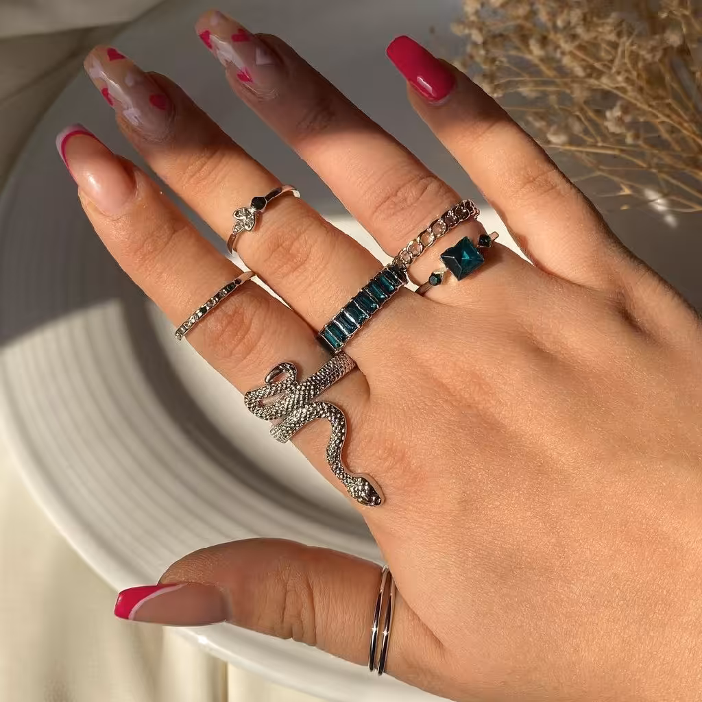 پک انگشتر مار با نگین سبز جواهری  (در دو رنگ)