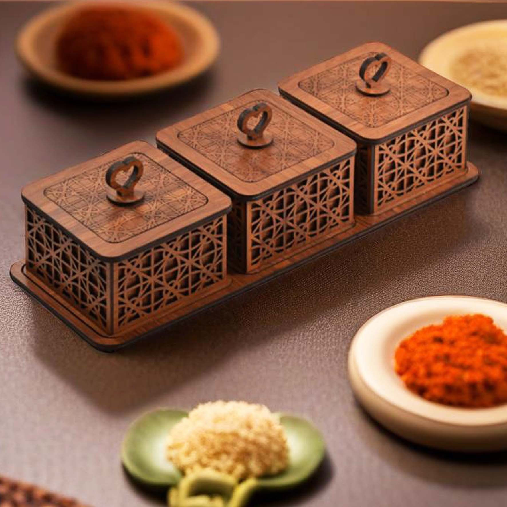 قندان چوبی 3 عددی همراه با زیر قندانی به قیمت تولیدی