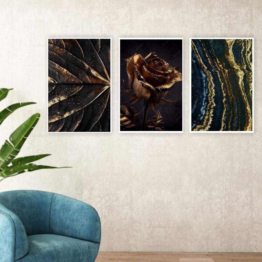 تابلو دکوراتیو مدرن گل وبرگ طلایی با زمینه سیاه سه تکه 