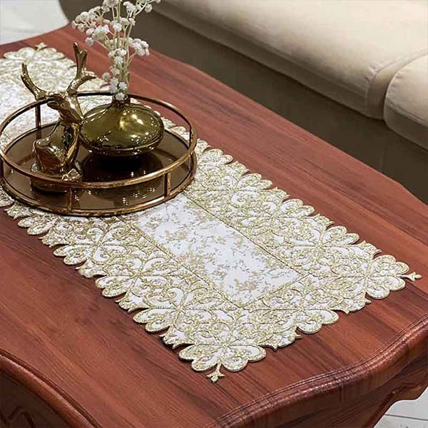 رانر طرح اسلیمی مخمل کرم طلاکوب چرم طلایی