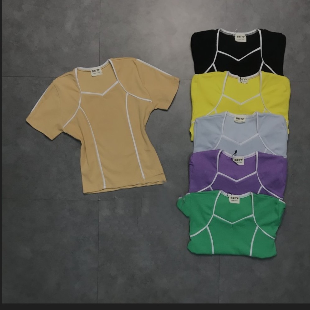 کراپ زنانه یقه دالبری مغزی دوزی آستین کوتاه جنس فانریپ فری سایز  با قد50