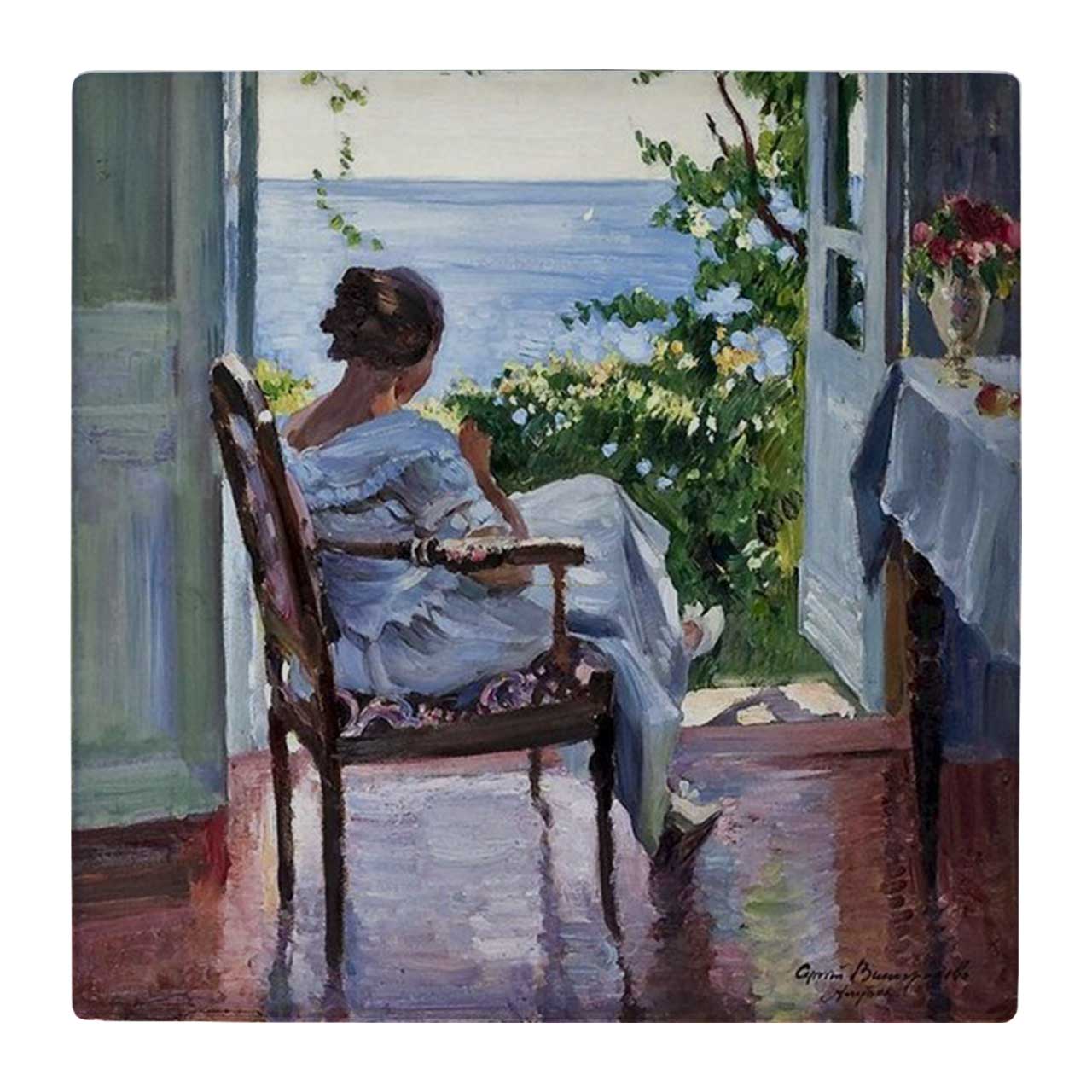 کاشی کارنیلا طرح بانو و منظره دریا کد wk4609