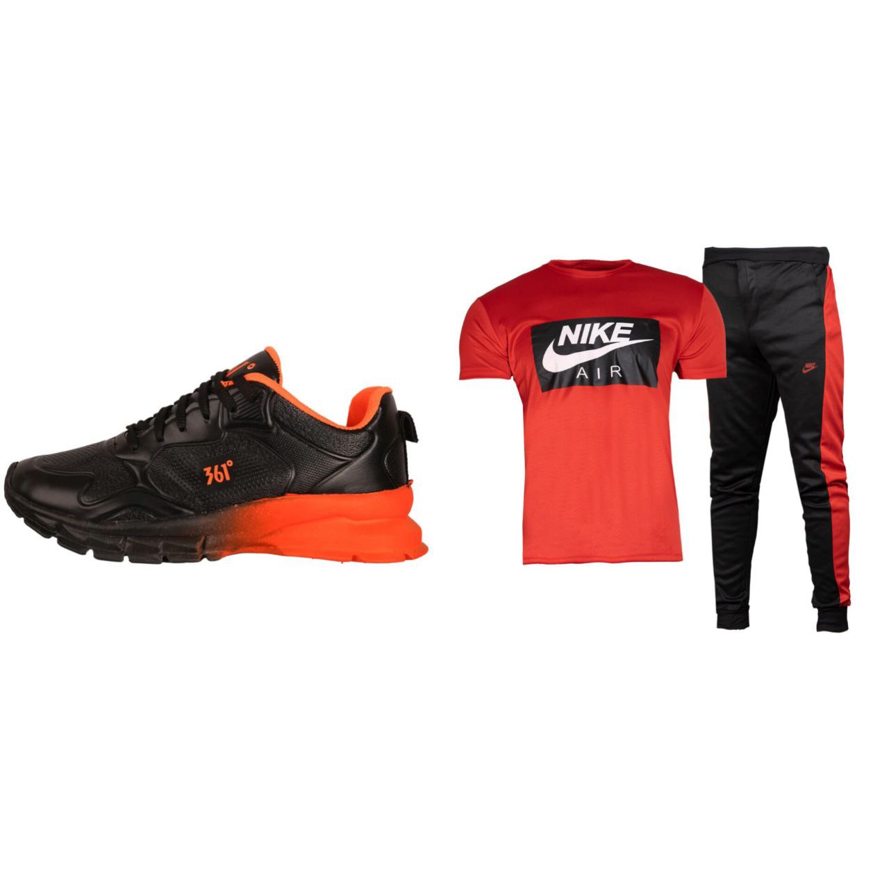 پکیج ست تیشرت شلوار Nike Air قرمز مردانه مدلRanaکفش ورزشی مردانه مشکی نارنجی مدل 361