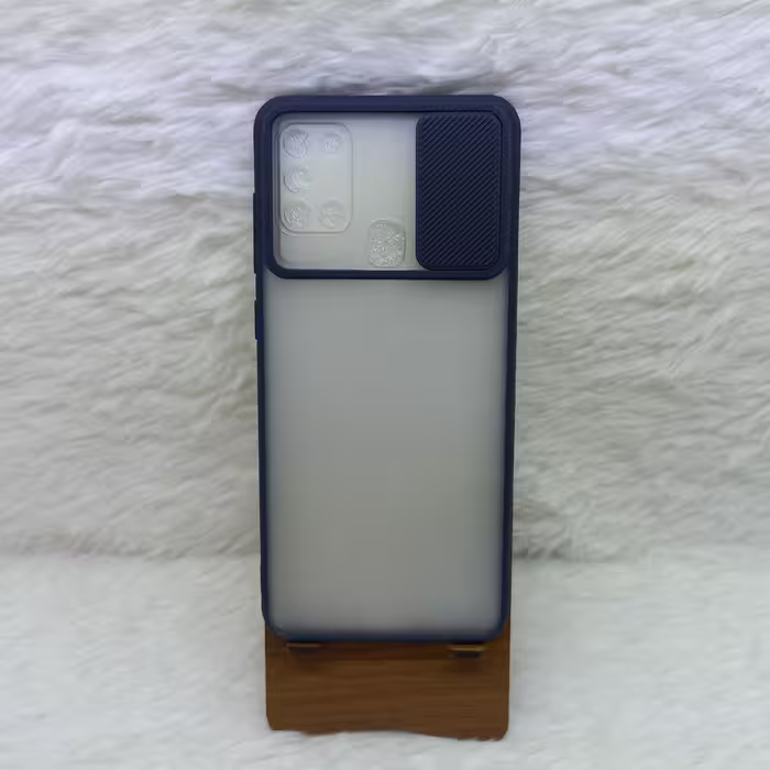 گارد (قاب) گوشی A21s مدل پشت مات با محافظ لنز کشویی رنگ آبی مناسب گوشی Samsung A21s