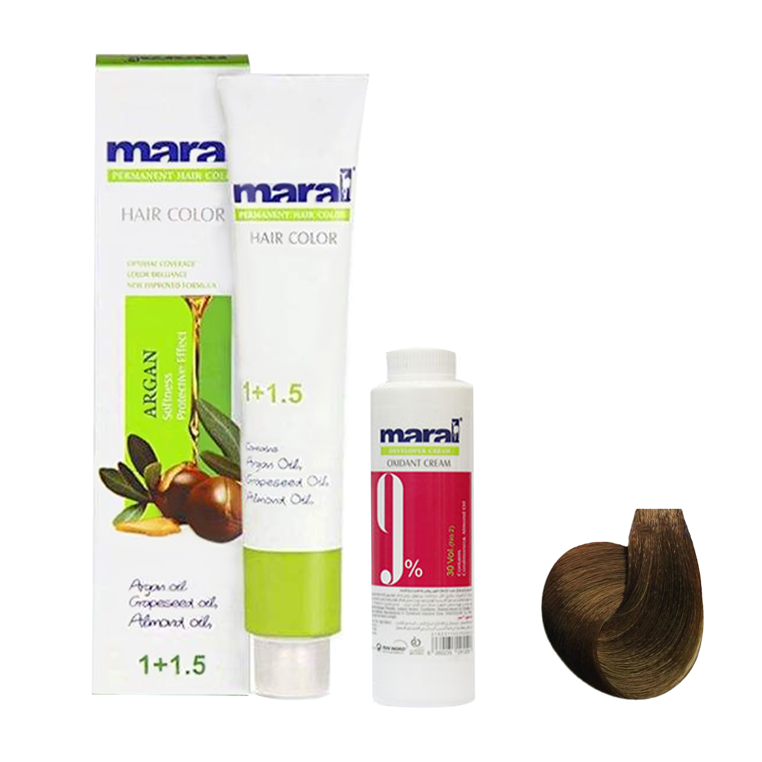 کیت رنگ مو مارال شماره 6.85 حجم 100 میلی لیتر رنگ بلوند نسکافه ای تیره به همراه اکسیدان مارال مدل 30vol نه درصدی حجم 150 میلی لیتر