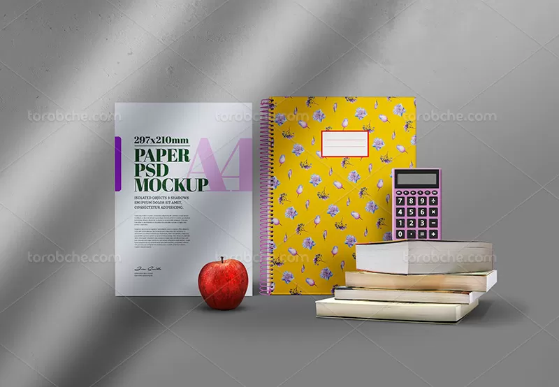 موکاپ لوازم تحریر از زاویه رو به رو | گرافیک با طعم تربچه