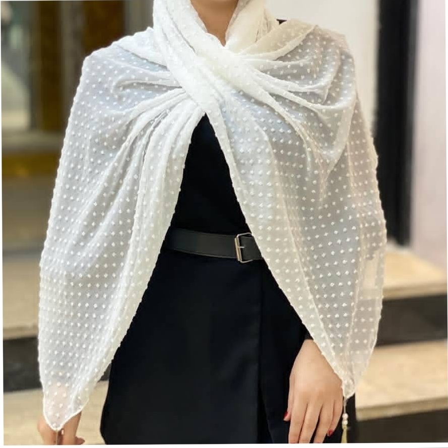 شال حریر اشکی منگوله دار سفید