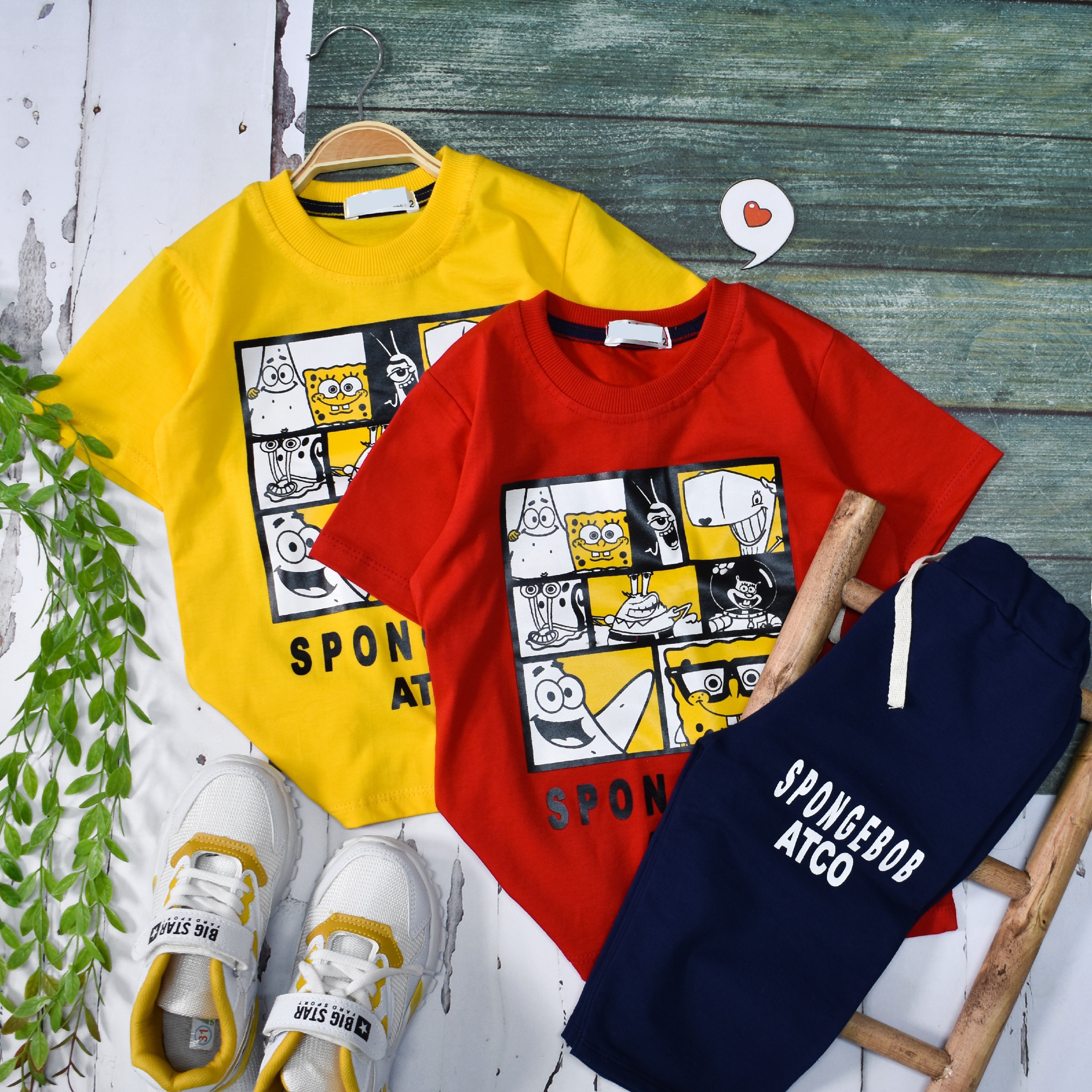 ست تیشرت شلوارک پسرانه .تیشرت و شلوارک باب اسفنجی.لباس بچگانه. لباس پسرانه سایز 40تا50 جنس پنبه 