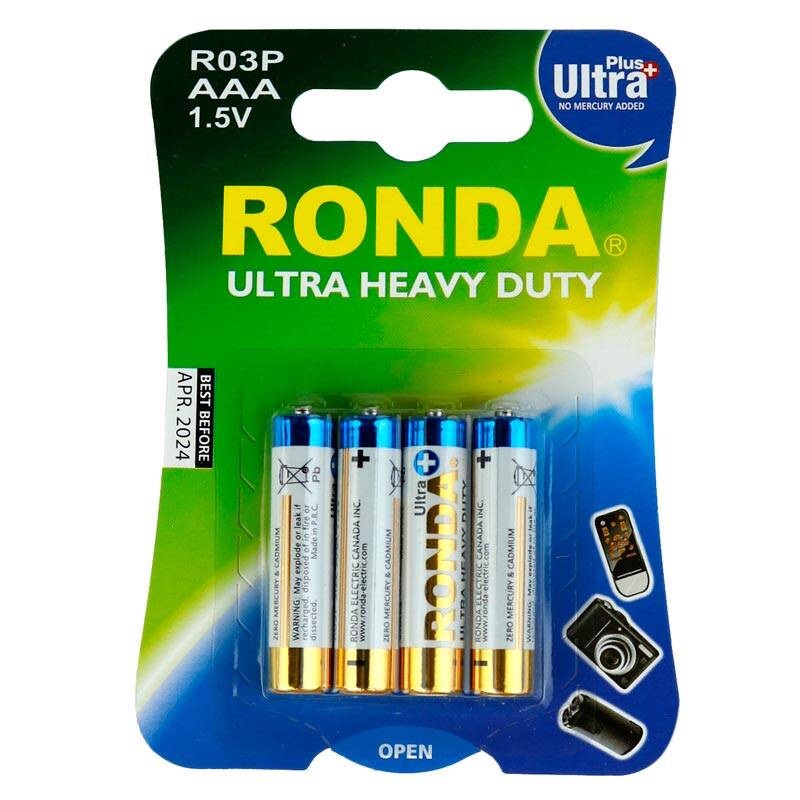 باتری چهارتایی نیم قلمی Ronda Ultra Heavy Duty Ultra Plus R03P 1.5V AAA بسته 40 عددی