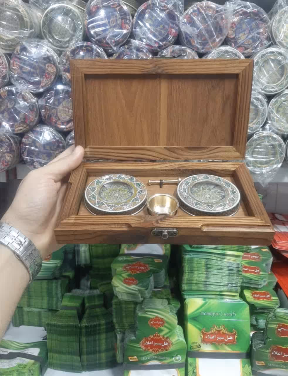 جعبه چوبی دو خاتم  3 گرم  و هاون برنجی (سبک مناسب صادرات)