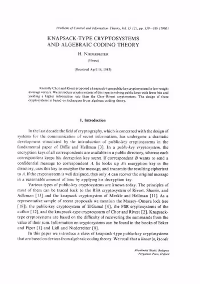 خرید و دانلود نسخه کامل کتاب Knapsack-type cryptosystems and algebraic coding theory | الی فایل | مرجع خرید و فروش فایل