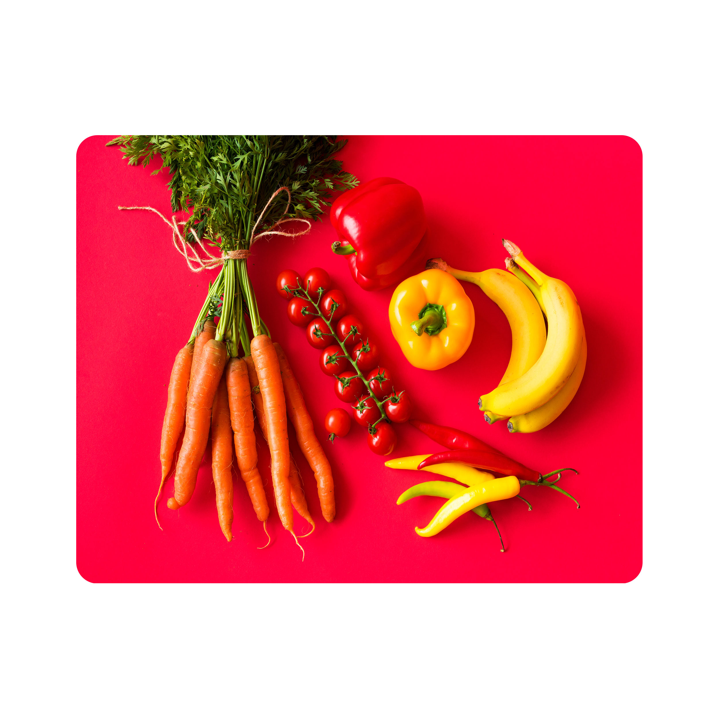 ماوس پد اطلس آبی طرح میوه موز و هویج و فلفله دلمه و هویج و گوجه مدل T1781