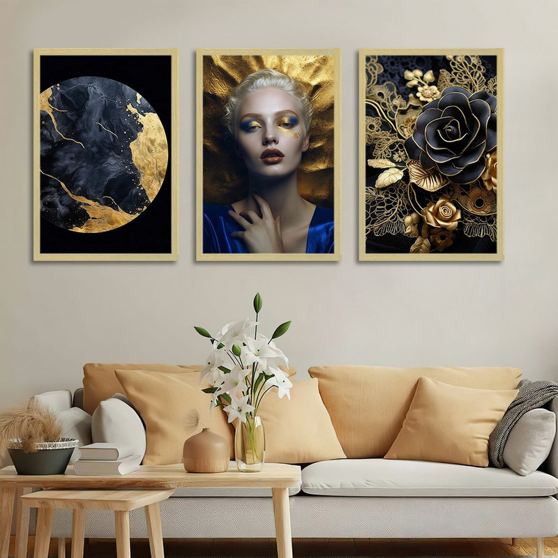 تابلو بکلیت طرح چهره و گل طلاکوب مدرن مدل BE-1377 مجموعه 3 عددی | دنیای قاب