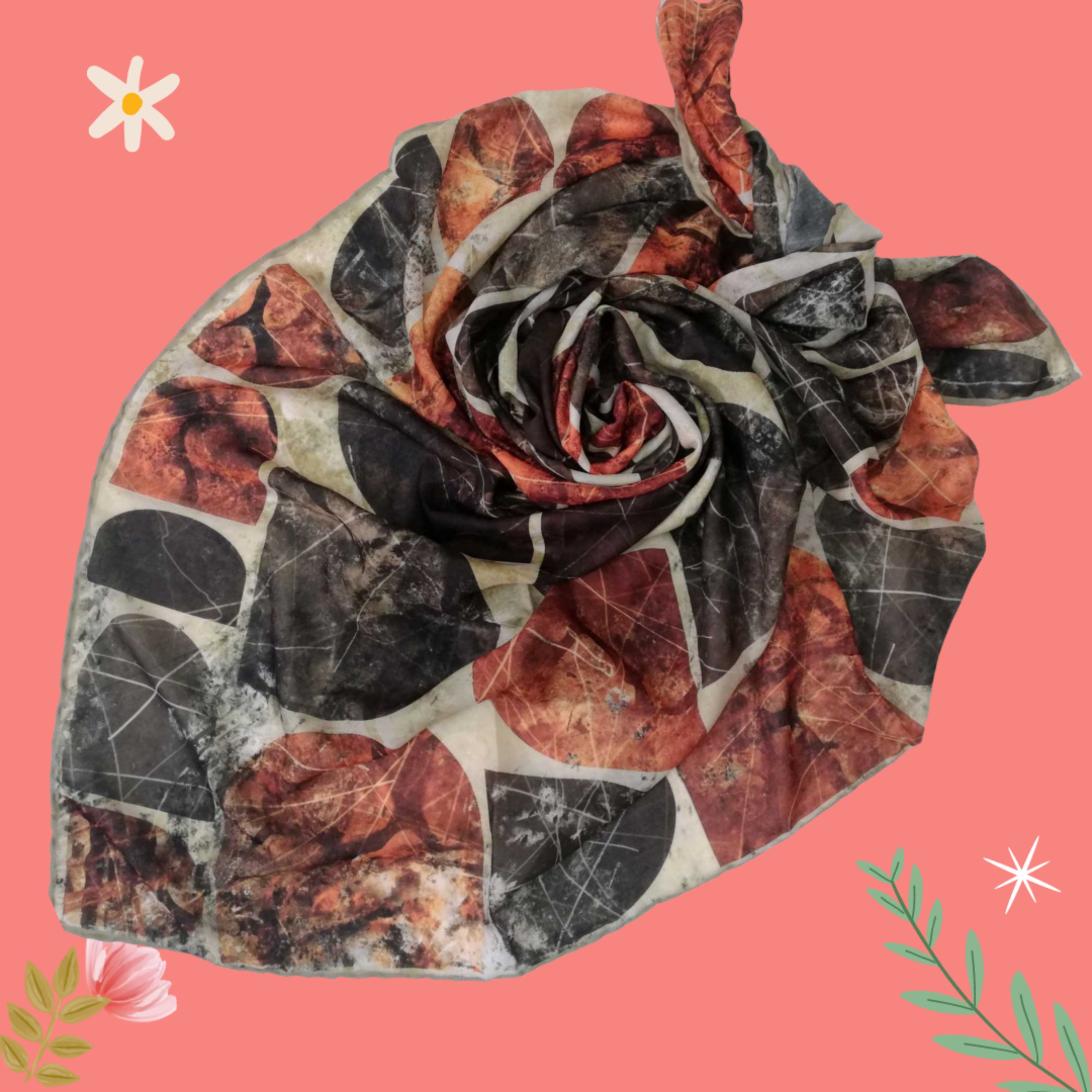 روسری  نخی نارنجی طرح  هندسی دور دست دوز قواره بزرگ