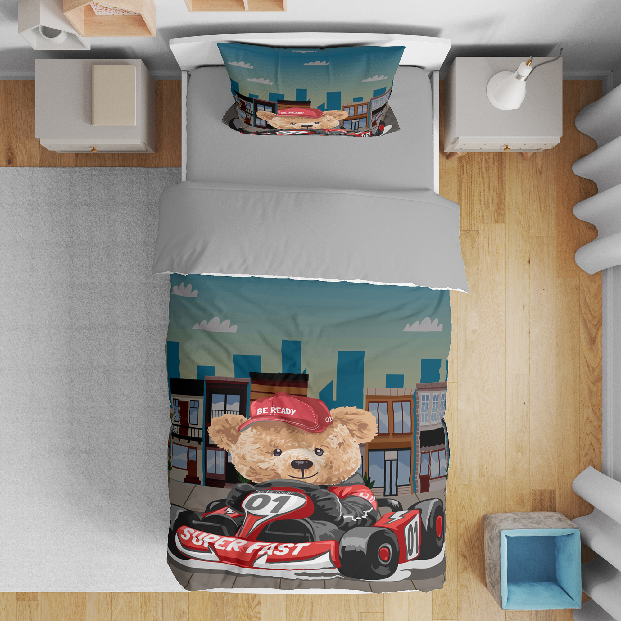 سرویس روتختی مدل خرس تدی و ماشین مسابقه ای کد 4733 یک نفره 5 تکه