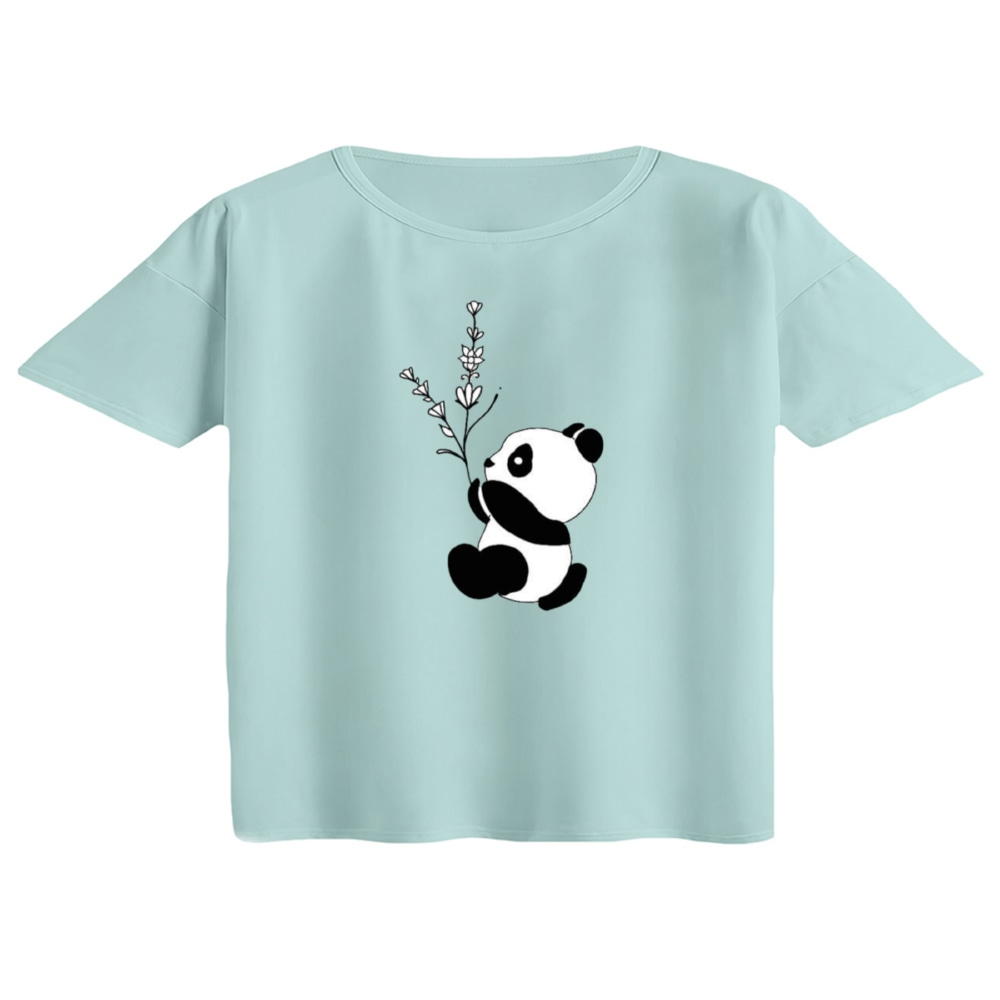 کراپ تی‌شرت آستین کوتاه زنانه مدل پاندا و گل رنگ آبی روشن