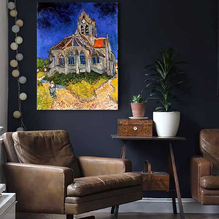 تابلو نقاشی رنگ روغن طرح نمایی از کلیسای آورس در فرانسه ونگوگ کد 6080