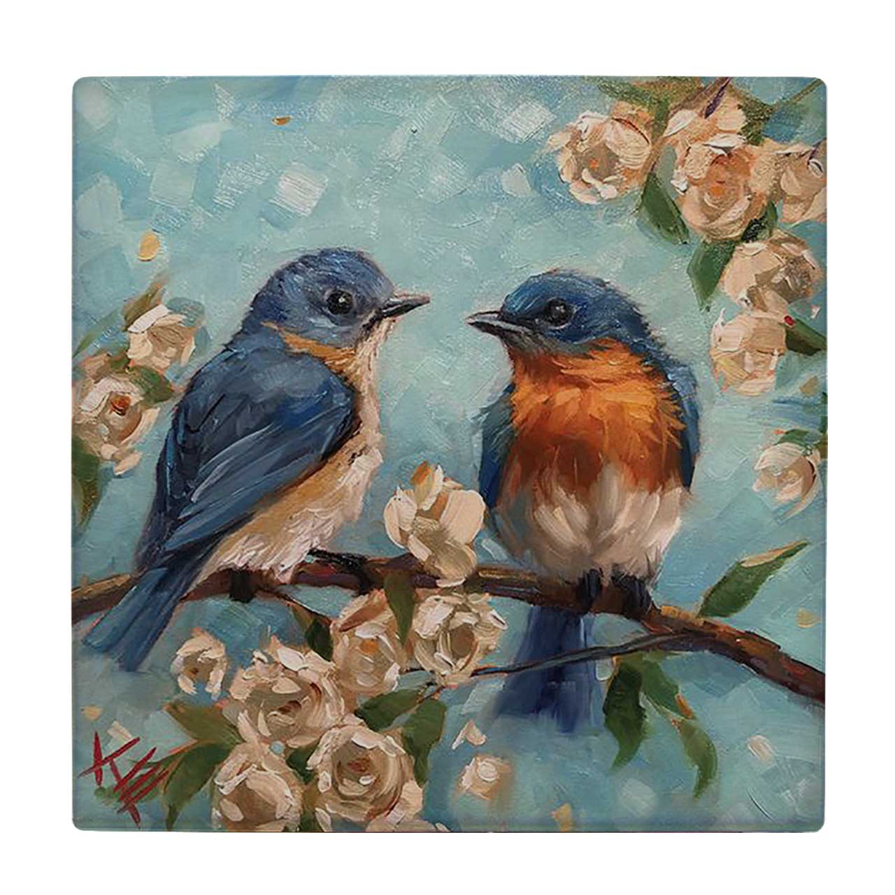  کاشی کارنیلا طرح نقاشی دو پرنده روی شاخه شکوفه بهار کد wkk3197