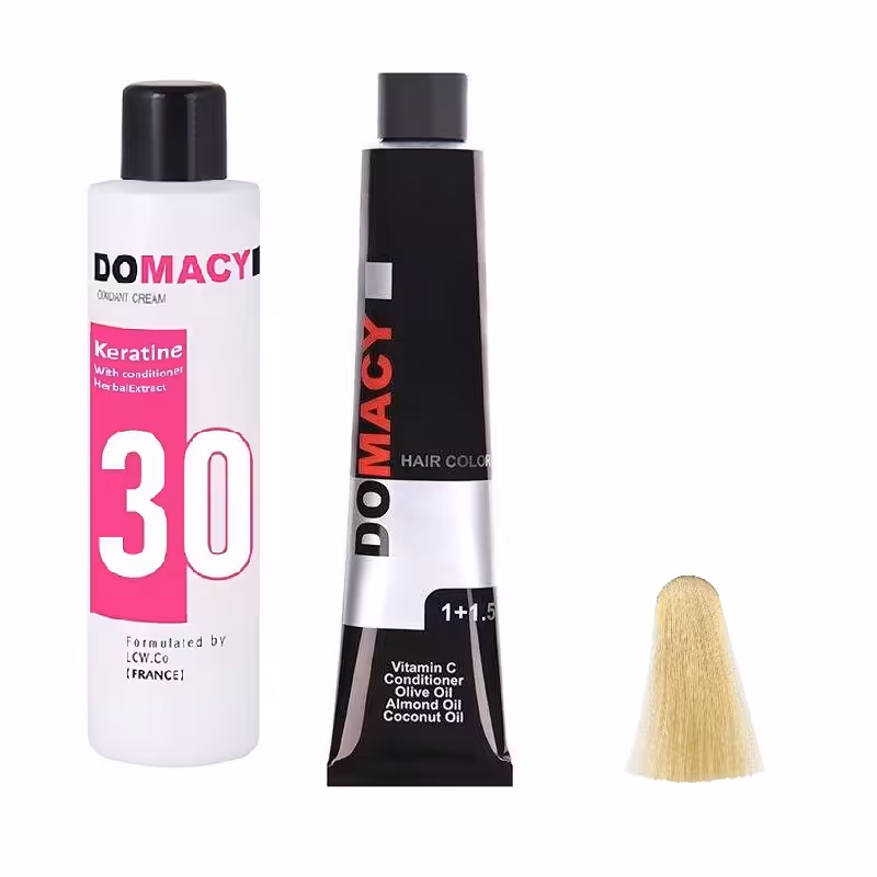 رنگ مو دوماسی شماره 10.00 حجم 120 میلی لیتر رنگ بلوند پلاتینه به همراه اکسیدان کد 02 نه درصدی حجم 180 میلی لیتر