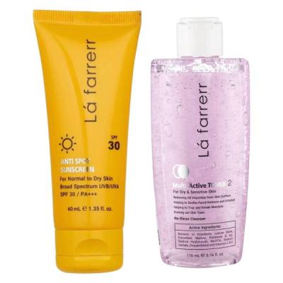 کرم ضد آفتاب بدون رنگ لافارر SPF 30 مدل پوست خشک و حساس مناسب پوستهای حجم 40 میلیلیتر به همراه تونر مدل مولتی اکتیو مناسب پوست خشک حجم 170 میلی لیتر