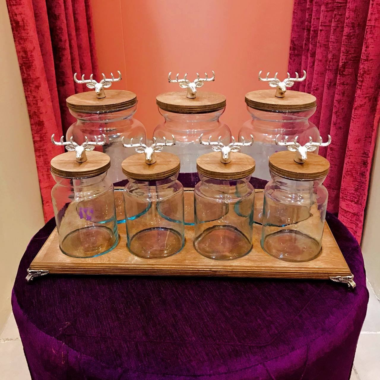 پاسماوری جا ادویه ای بانکه 7تیکه با درب چوبی و طرح گوزن