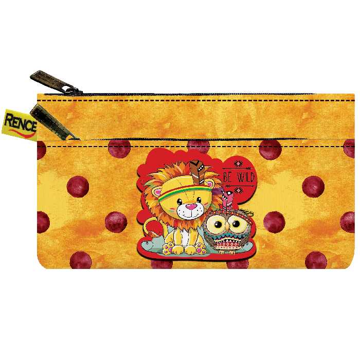 کیف جا مدادی دو جیب مجزا با زیپ فانتزی پارچه مخمل طرح شیر سایز 10 در 20 مدل X4-613 شرکت رنس