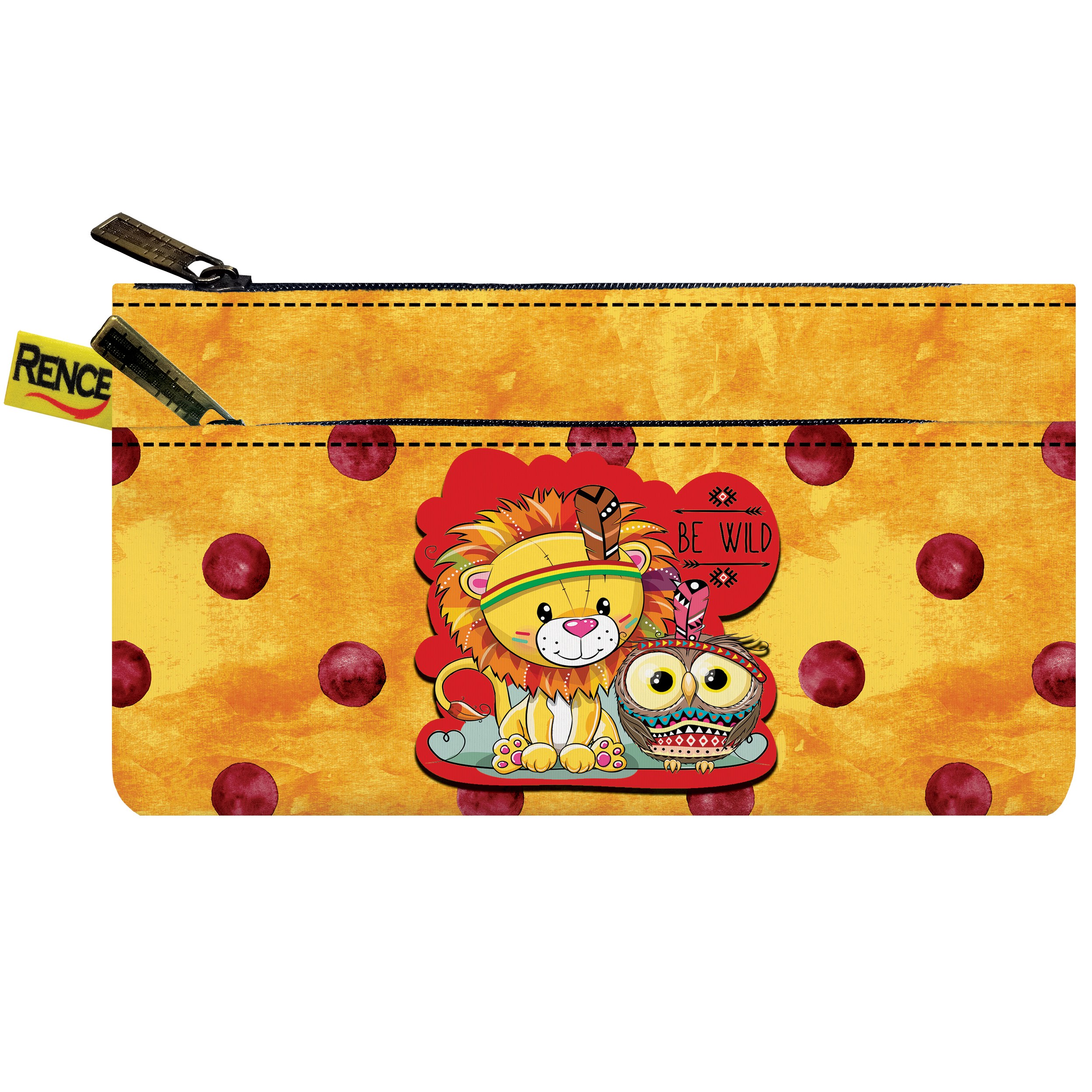 کیف جا مدادی دو جیب مجزا با زیپ فانتزی پارچه مخمل طرح شیر سایز 10 در 20 مدل X4-613 شرکت رنس