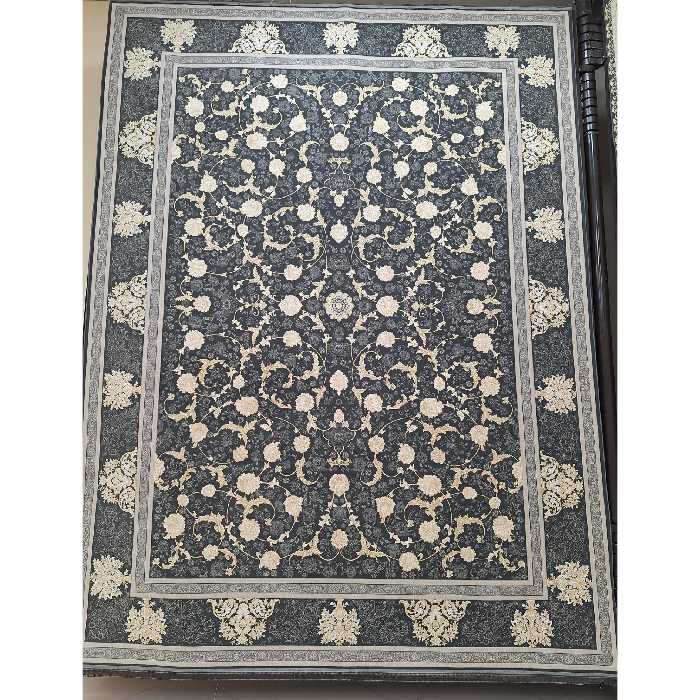 فرش ماشینی 1200 شانه گل برجسته اصل تراکم 3600 طرح زرگل زمینه دودی  12 متری جنس اکرولیک