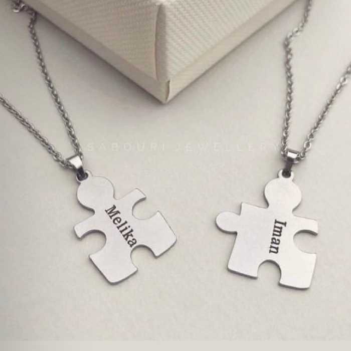 گردنبند ست پازل با حک دلخواه استیل رنگ ثابت زنانه و مردانه 