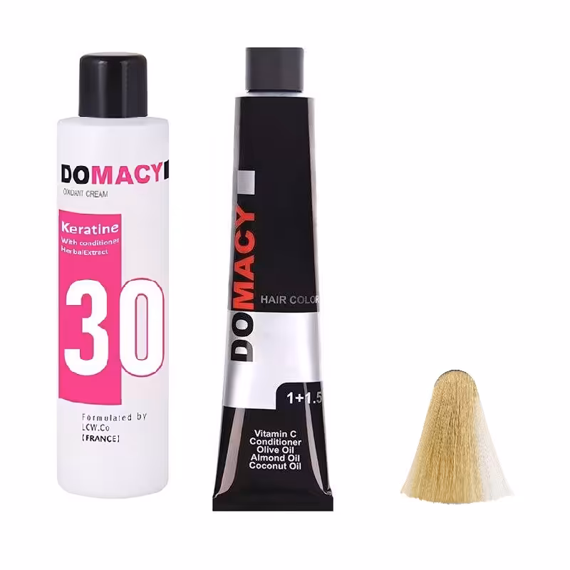 رنگ مو دوماسی شماره 9.00 حجم 120 میلی لیتر رنگ بلوند خیلی روشن به همراه اکسیدان کد 02 نه درصدی حجم 180 میلی لیتر