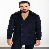 کت آبی مردانه مانتو پشمی دو سینه یقه پهن خزدار با طرح باریک سرمه ای Mcr