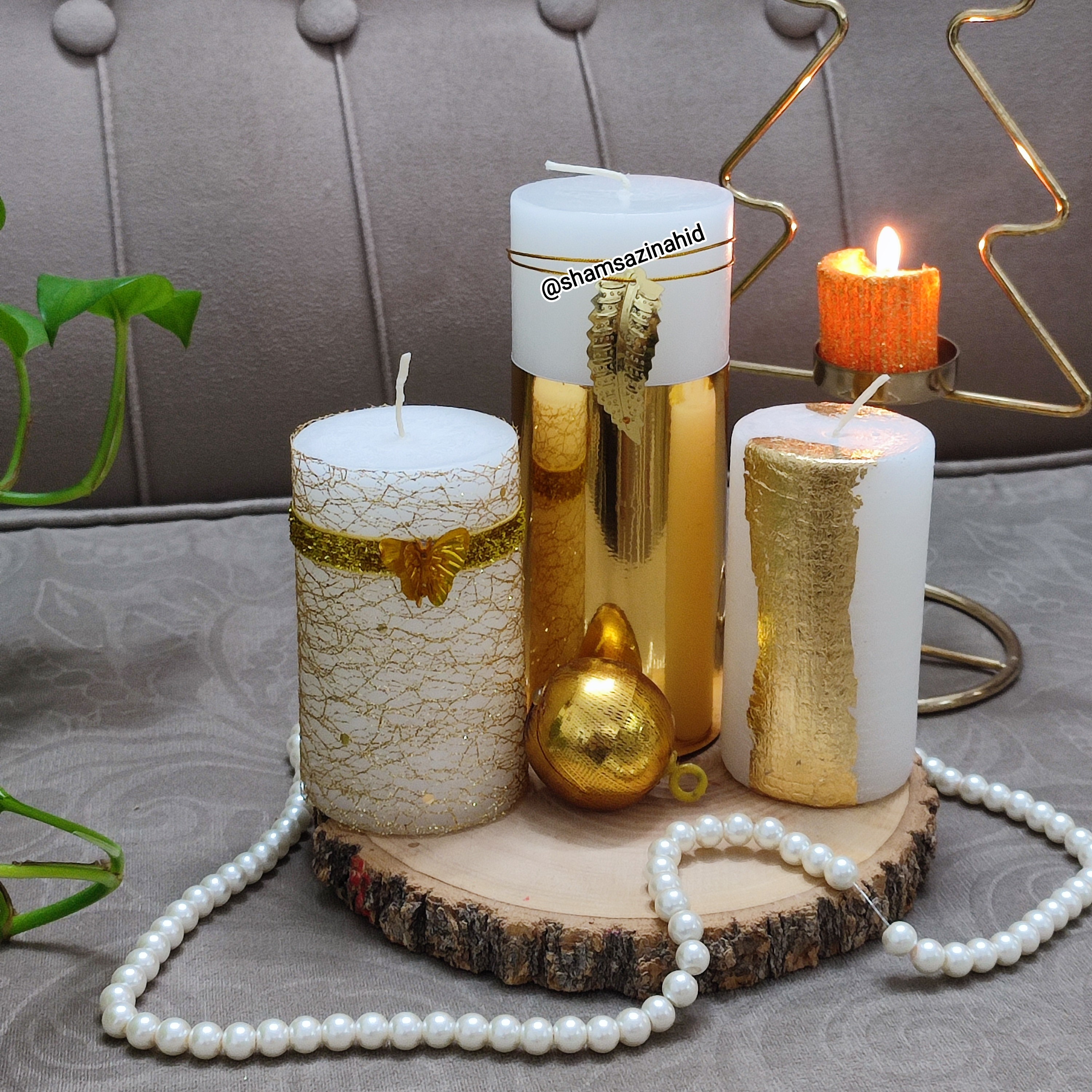 شمع استوانه  تزئینی ورق طلا  