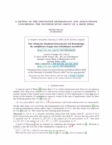 خرید و دانلود نسخه کامل کتاب A lifting of the Dieudonné determinant and applications concerning the multiplicative group of a skew field