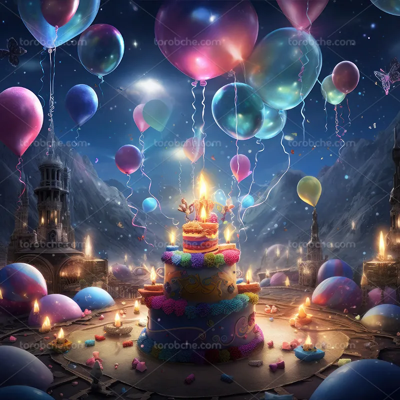 بک دراپ عکاسی تولد با بادکنک های رنگی و کیک | گرافیک با طعم تربچه