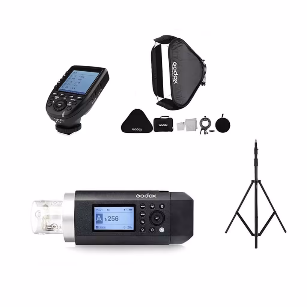 فلاش پرتابل گودکس Godox Witstro AD400 Pro به همراه فرستنده فوجی XProF  سافت باکس 80×80 و پایه