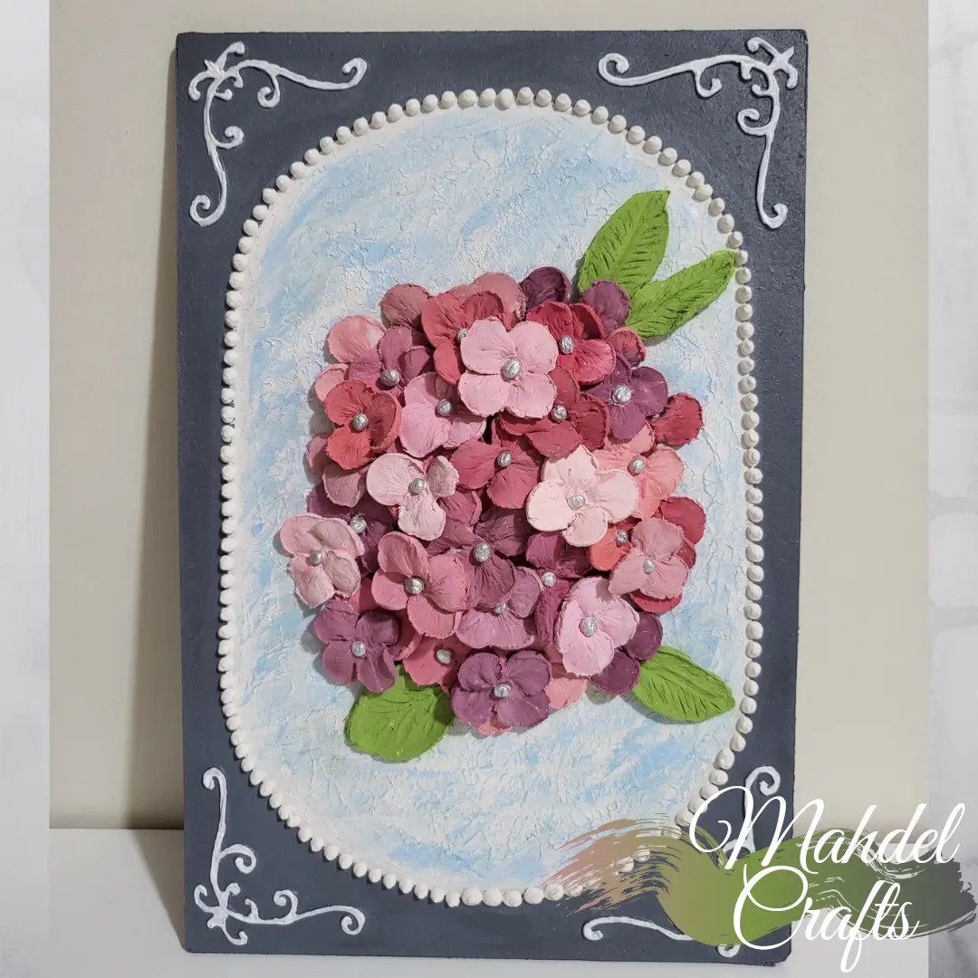 تابلوی فوق برجسته اسکالپچر طرح گل هورتانسیا ابعاد 20 در 30 کاملا کار دست