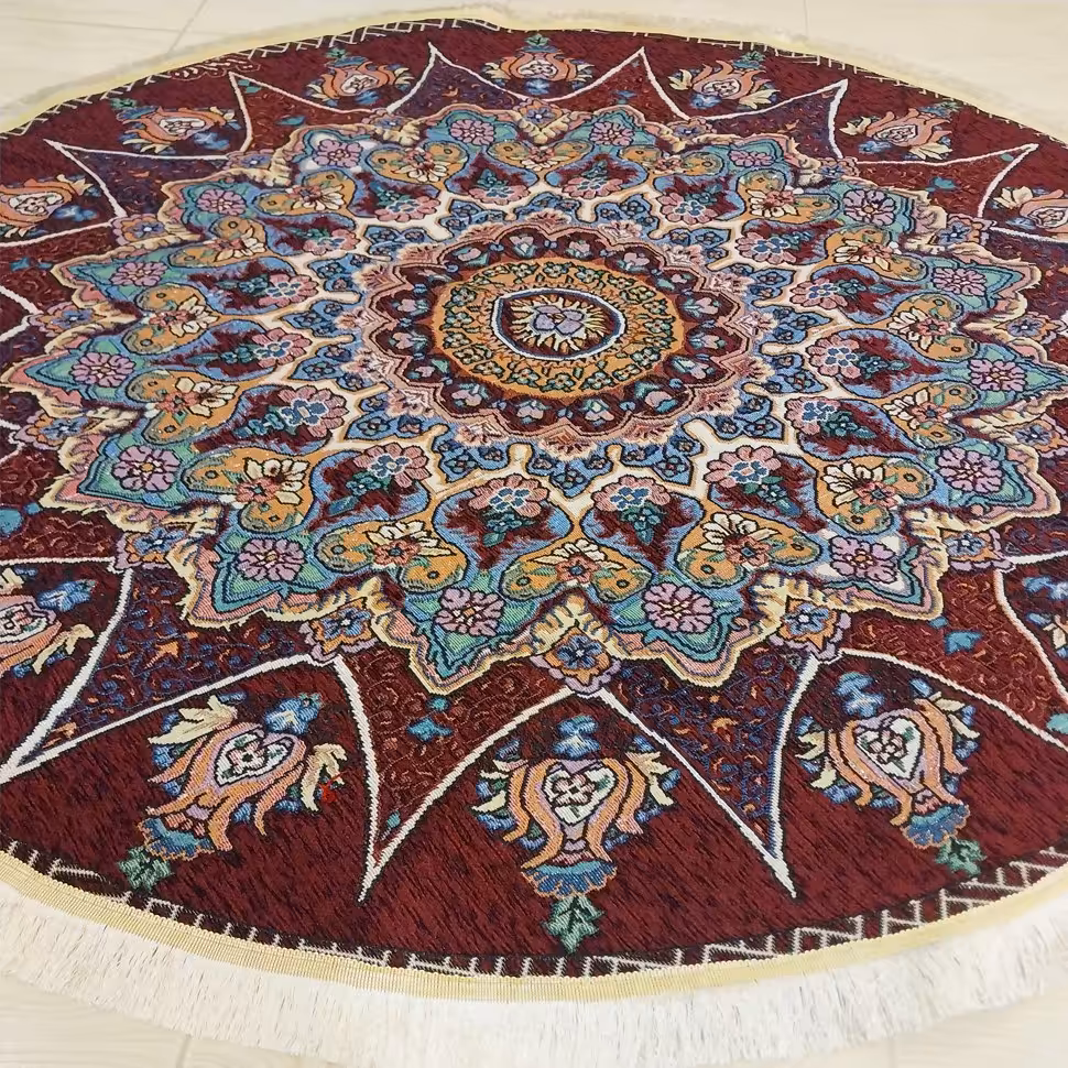 روفرشی مخمل زرکدار گرد طرح خورشیدی رنگ زرشکی (قطر 1.5 متری)