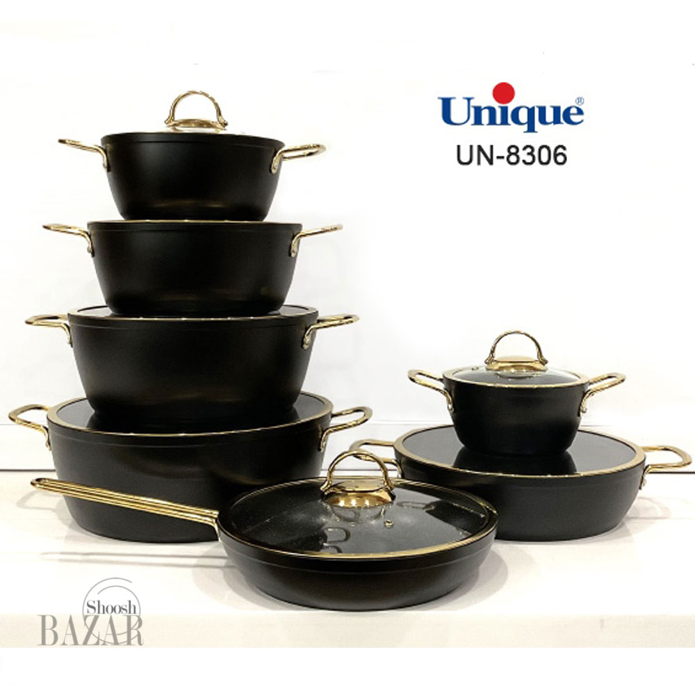 سرویس 14 پارچه بدنه مشکی درب منحنی طلایی یونیک کد 8306