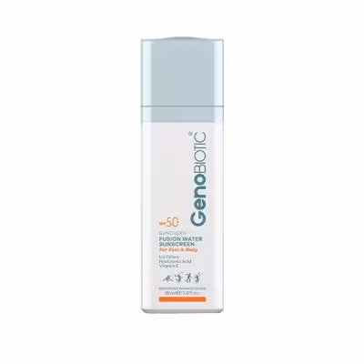 کرم ضد آفتاب بی‌رنگ ژنوبایوتیک، مدل Fusion water، حاوی محافظ UVA ،UVB، ضدآب، فاقد چربی، بدون پارابن، حاوی ویتامین E و هیالورونیک اسید مناسب انواع پوست، حجم 30 میلی‌لیتر