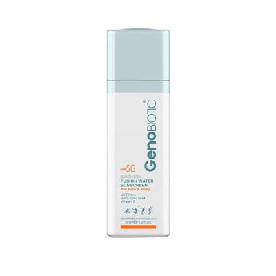 کرم ضد آفتاب بیرنگ ژنوبایوتیک، مدل Fusion water، حاوی محافظ UVA ،UVB، ضدآب، فاقد چربی، بدون پارابن، حاوی ویتامین E و هیالورونیک اسید مناسب انواع پوست، حجم 30 میلیلیتر
