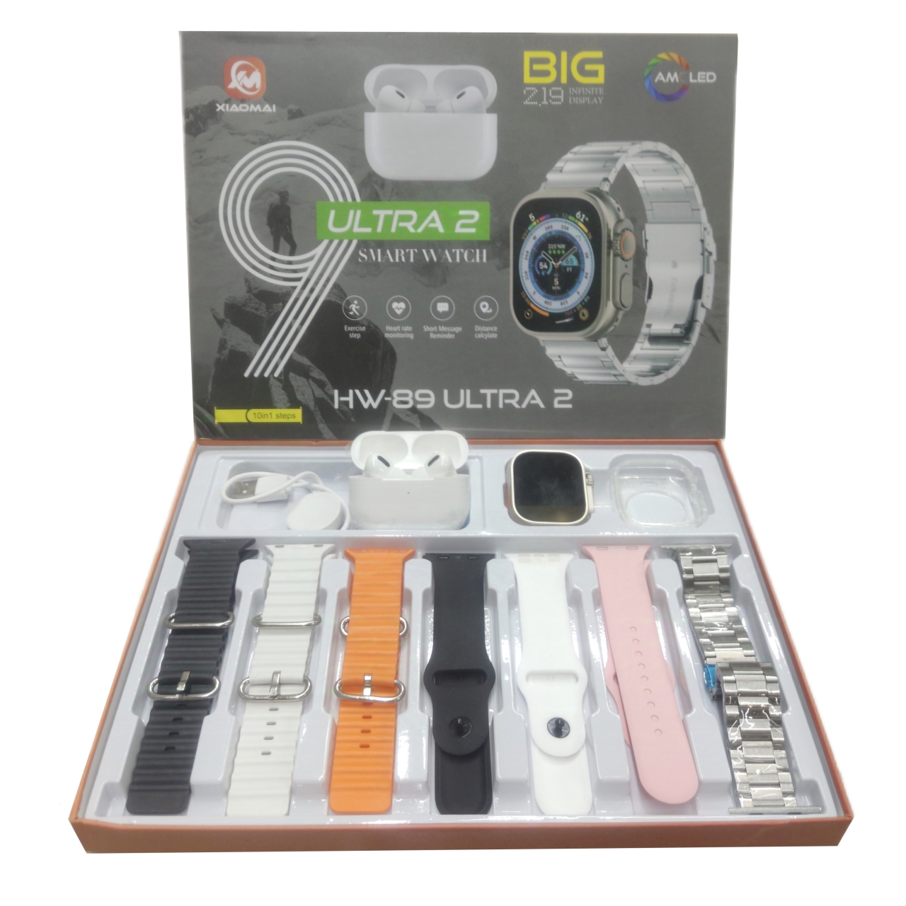 پک ساعت هوشمند الترا و ایرپاد پرو مدل HW-89 ULTRA2 با 7 بند متنوع و قاب ساعت