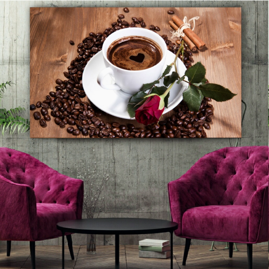 تابلو بوم طرح قهوه مدل فنجان قهوه گل رز کد SDB668