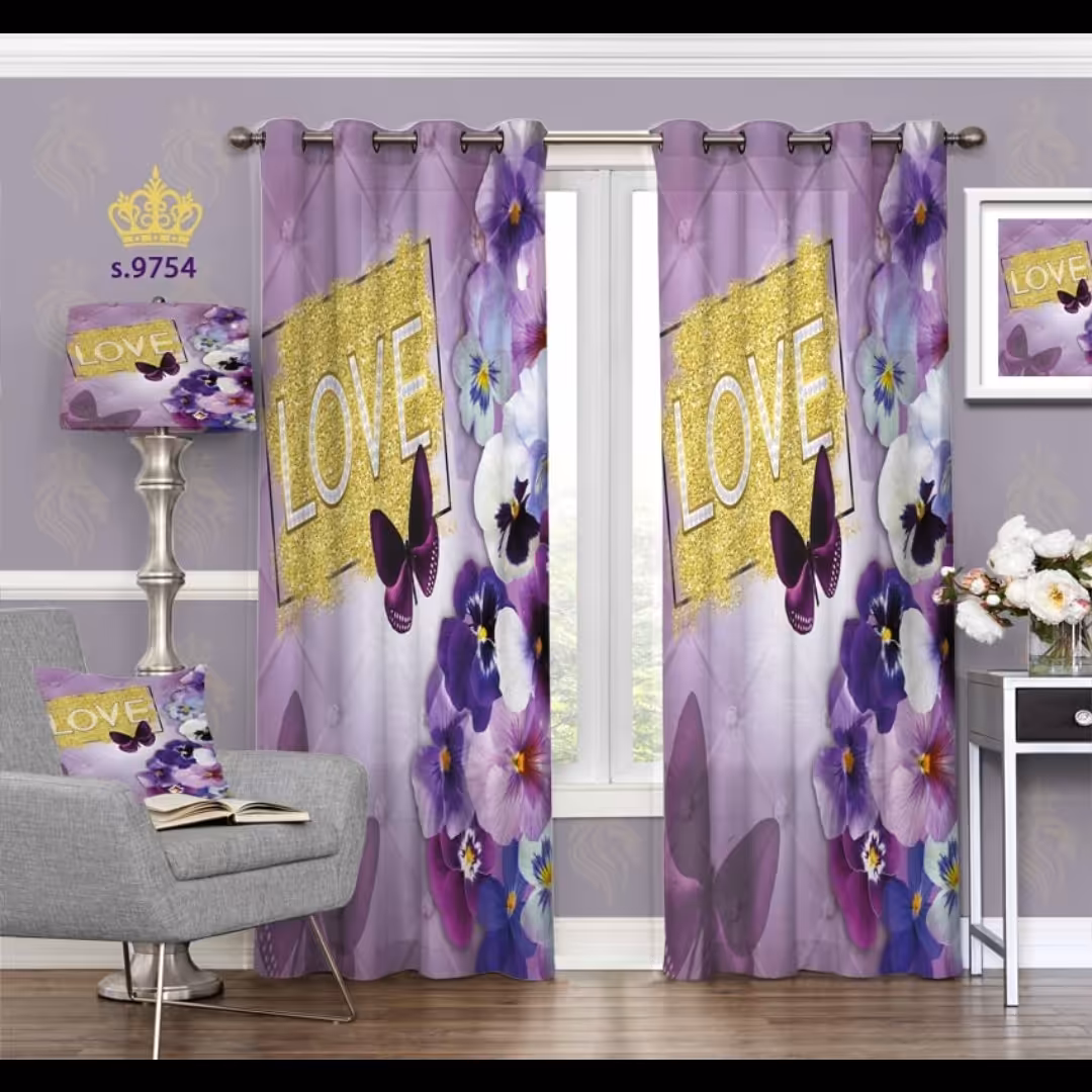 پرده پذیرایی دو قواره طرح گل و پروانه کد S9754