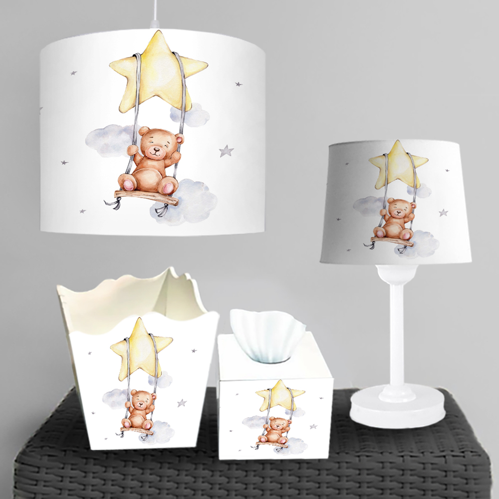 لوستر وآباژور و جعبه دستمال اتاق نوزاد طرح عروسک تدی درحال تاب بازی روی ستاره BA-9288