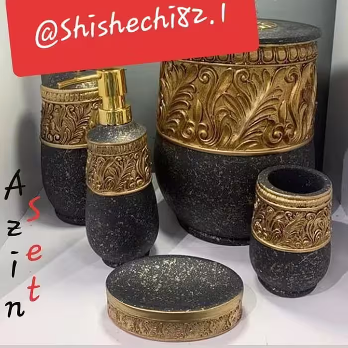 ست سرویس بهداشتی مدل الماس برند آذین ست - رنگ مشکی با ترکیب طلایی - سبک کلاسیک 